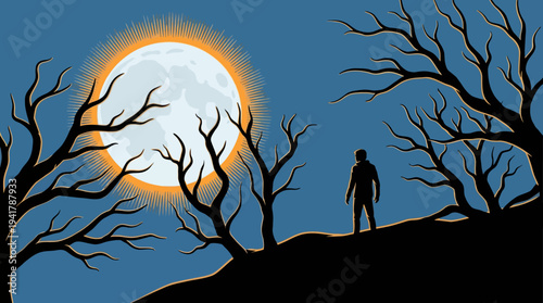 Stylized Illustration of a Person Silhouette Standing on a Hill with Bare Trees under a Giant Glowing Full Moon, Mysterious Night Landscape Art