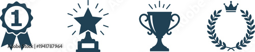 Award achievement icons dark blue business success symbols vector set