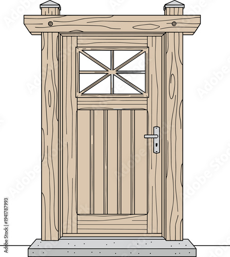 Rustic light wood front door vector illustration with window pane and frame isolated on white background for home exterior architectural design concepts