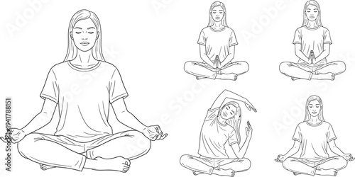 Black-and-white vector line-art illustration of five seated yoga and meditation poses with mudras, prayer hands, and side stretch, symbolizing mindfulness, relaxation, and wellness themes