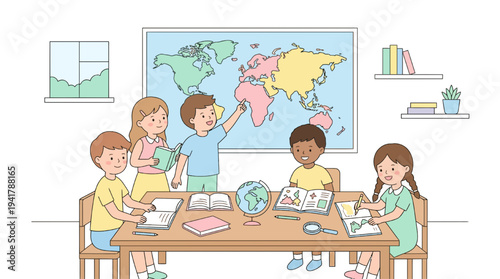 Students engaged in interactive education with a world map in classroom