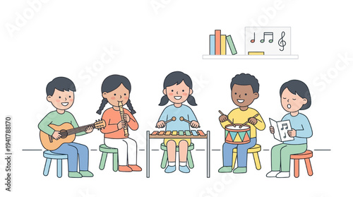 Students engage in music education with various instruments in classroom