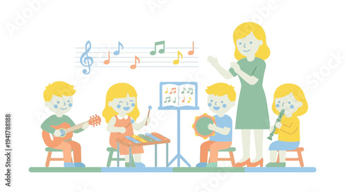 Teacher guides students in music education class with guitars and sheet music