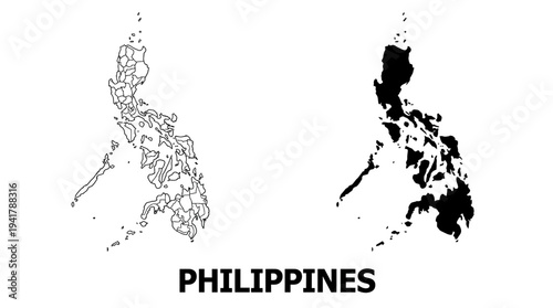 Map of Philippines Set with Provincial Boundaries Outline and Solid Black Silhouette Isolated on White Background