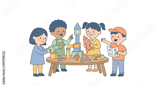 Children engaged in education through building blocks at a table