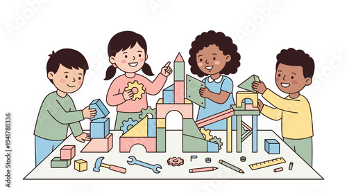 Children engaging in education through playful learning with blocks and tools
