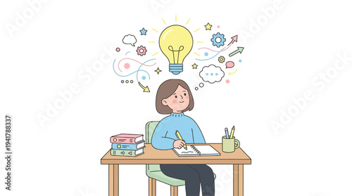 A student sits at a desk studying with education concepts floating above.