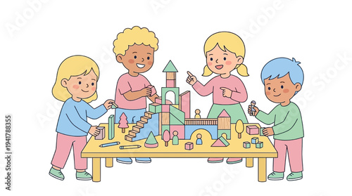 Children engaged in education activity building castle with blocks