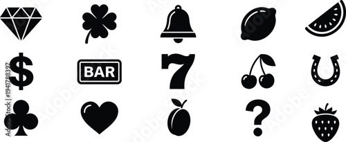 Casino fruit symbols gaming icons slot machine silhouette set