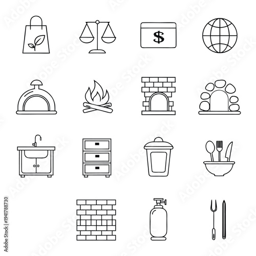 Set of black and white representing various kitchen and cooking oven