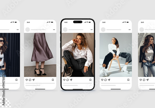 Multi Screen Phone Web Ui Ux App Social Media Post and Stories Feed Mockup