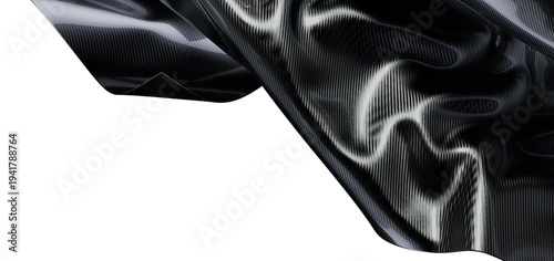 Dynamic image of a carbon fiber fabric flowing against a clean white background. Perfect for design, tech, and automotiv