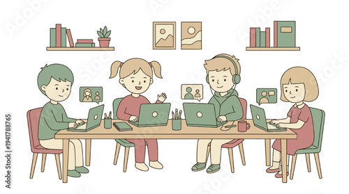 Students engaged in online education at a table with laptops and digital devices in a modern learning environment