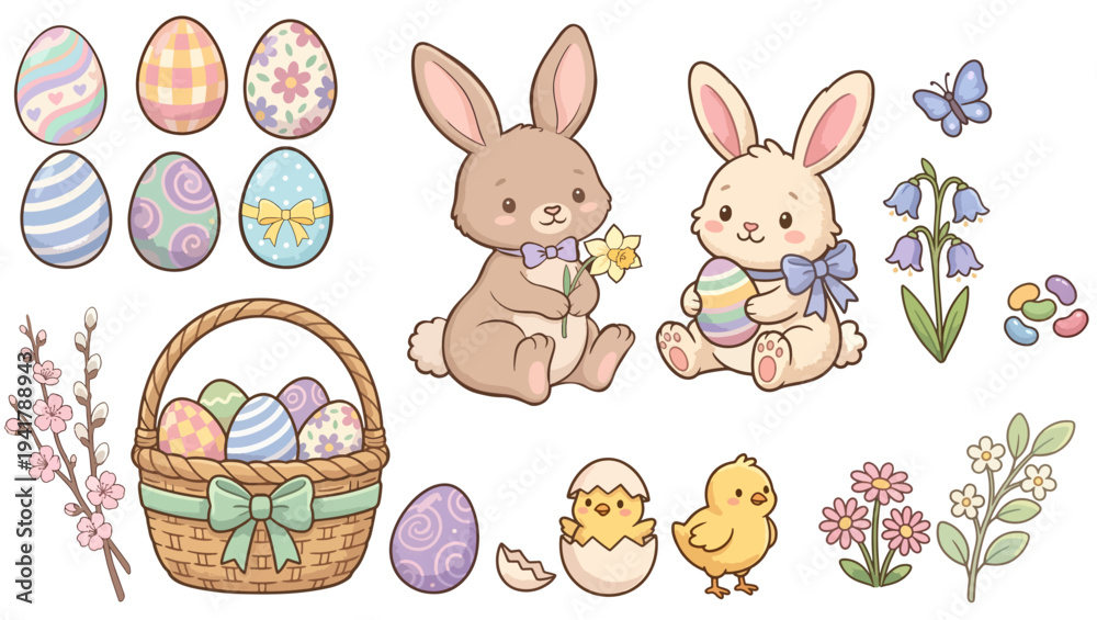 Obraz premium A cute collection of Easter clipart, icon, kawaii bunnies, colorful eggs, a basket, baby chicks, and spring flowers, festive holiday decor, isolated elements, transparent background, PNG