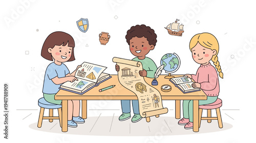 Young students engaged in collaborative education around a table with maps and globes in a classroom setting