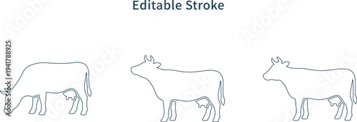Cow calf line art farm animals livestock illustration set,  editable stroke.