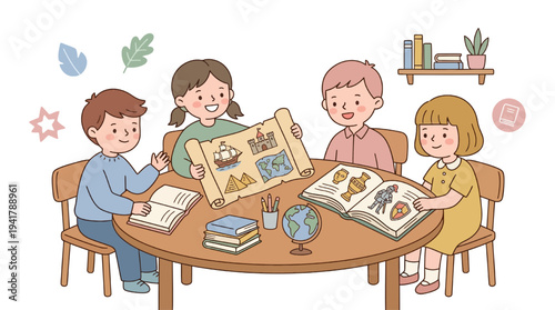Children Engaged in Educational Activity Around a Table with Books and Illustrations
