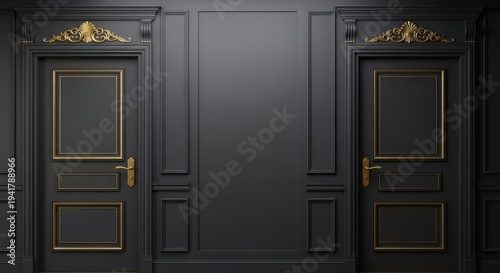 A dark gray or black wooden door with gold accents and ornate details