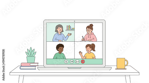 Students engaged in online education through video conferencing on a computer screen on a desk with office supplies around