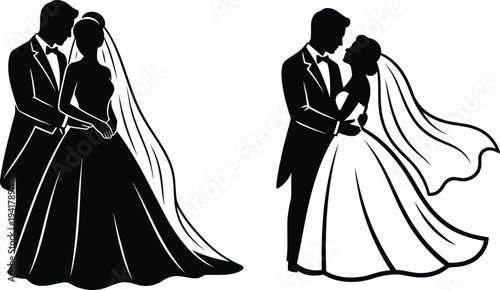 Wedding couple silhouettes elegant romantic poses isolated illustration