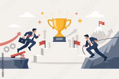 Businessmen Competing for Success; One Jumps from a Springboard While the Other Climbs a Mountain to Reach a Golden Trophy on a Pedestal; Concept of Challenge, Ambition, Strategy and Achievement.