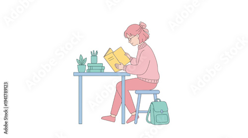 Student Engaged in Education Sitting at Desk Reading Book Vector Illustration