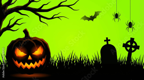 Spooky Halloween Background Illustration Featuring a Glowing Jack-o-Lantern, Graveyard Silhouettes, and Hanging Spiders on a Vibrant Green Backdrop