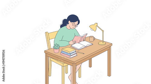 Young woman engaged in education, sitting at a desk studying with books and a lamp nearby