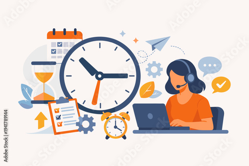 Time Management and Timely Customer Service Concept with Woman Working on Laptop with Headset, Large Clock, Hourglass, Calendar, and Checklist. Flat Vector Illustration for Business Productivity.