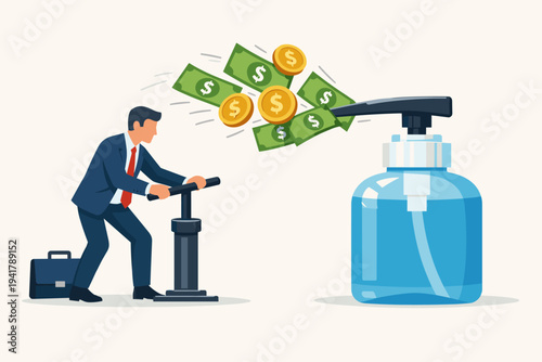 Vector Illustration of a Businessman Using a Pump to Extract Money from a Hand Sanitizer Dispenser, Representing Pandemic Profiteering, Economic Opportunity, and Health Crisis Monetization.