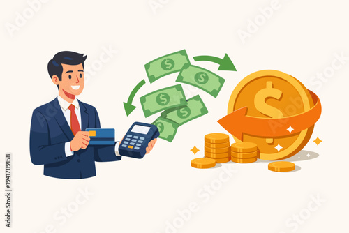 Businessman in a suit holding a credit card and a POS terminal, receiving cashback rewards in the form of dollar bills and gold coins, financial concept of savings and electronic payments.
