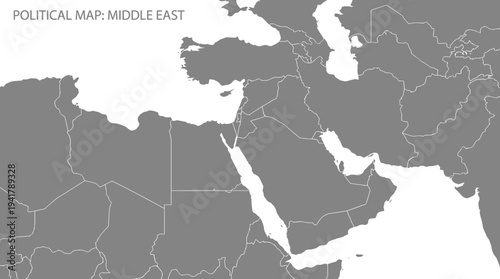 Minimalist Political Map of the Middle East Region with Grey Landmasses and White Borders
