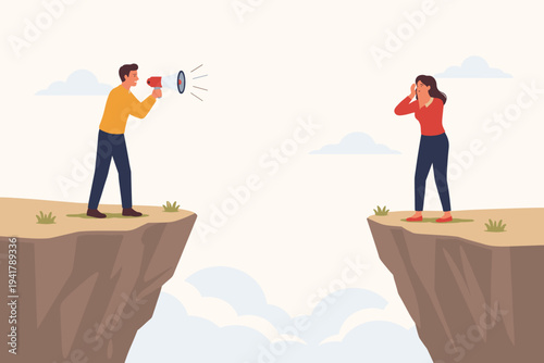 Man using megaphone to shout across a deep abyss at a woman on another cliff edge, conceptual vector illustration of communication barriers, relationship conflict, and emotional distance.