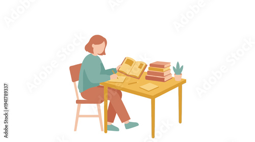 Vibrant flat vector illustration of a focused female student engrossed in reading and comprehensive study, representing dedicated education and academic pursuit