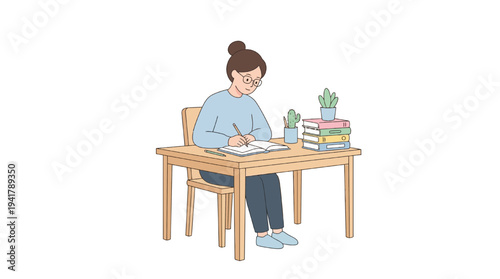 Flat vector illustration of a student diligently studying at a desk, representing the concept of education and learning