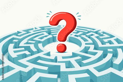 Simple Flat Vector Illustration of a Large Red Question Mark in the Center of a Circular Blue Labyrinth Maze, Symbolizing Confusion, Problem Solving, Searching for Answers, and Navigating Complexity