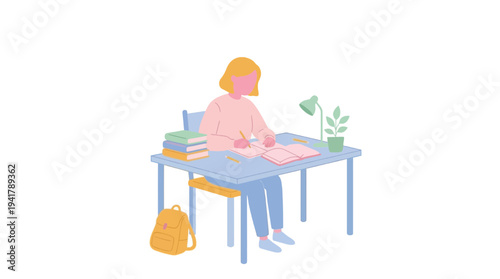 Flat vector illustration of a focused student diligently engaged in learning and studying at a desk, representing the journey of education and academic achievement
