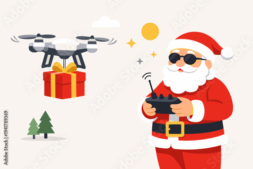 Santa Claus wearing sunglasses and controlling a drone to deliver a red Christmas gift box with a yellow ribbon, modern holiday technology concept in a simple flat vector illustration style.