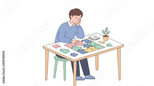 Thoughtful student concentrating on a complex jigsaw puzzle, representing the mental effort and focus required for effective education and cognitive growth