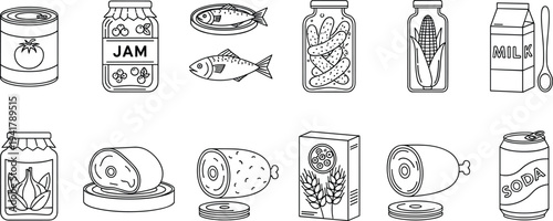 Pantry and grocery icon set featuring canned goods jam jars milk fish and meat products in black line art style for retail design