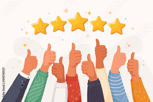 Vector illustration of diverse hands giving thumbs up with five gold stars above, representing customer satisfaction, positive feedback, high rating, excellent service, and business success.