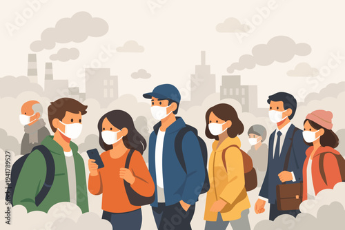 Vector illustration of people wearing protective face masks walking on city streets with heavy air pollution, smog, and smoke from factory chimneys, environmental health and safety concept.