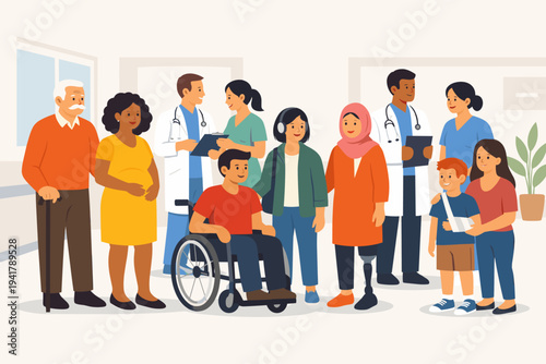 Multicultural patients and healthcare professionals in a hospital hallway vector illustration, featuring doctors, nurses, a man in a wheelchair, a pregnant woman, and diverse medical conditions.