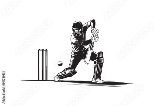 A determined cricket player wearing protective gear is powerfully batting a ball near the wickets