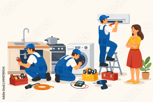 Professional repair service team in blue uniforms fixing kitchen plumbing, washing machine, and air conditioner unit at home while housewife watches, vector illustration with tools and equipment.
