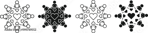 Vector icon set of people in a circle with hearts representing community love unity partnership social connection and global togetherness