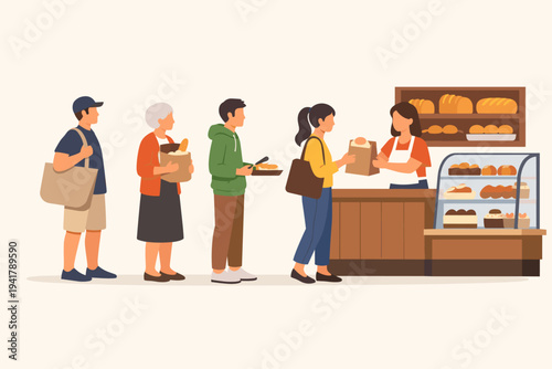 Flat vector illustration of diverse people waiting in line at a bakery shop to buy fresh bread and pastries from a female baker behind a wooden counter with shelves of loaves and display case.