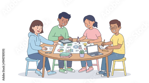 Empowering future generations through collaborative education, this flat vector illustration captures young students working together on a creative learning project