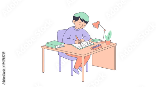 A flat vector illustration of a student engaged in studying, representing the concept of education, rendered in a clean and modern style