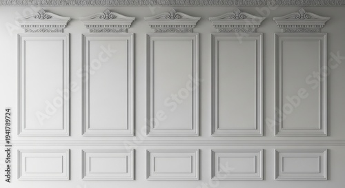 Close up of ornate white wall paneling with decorative molding